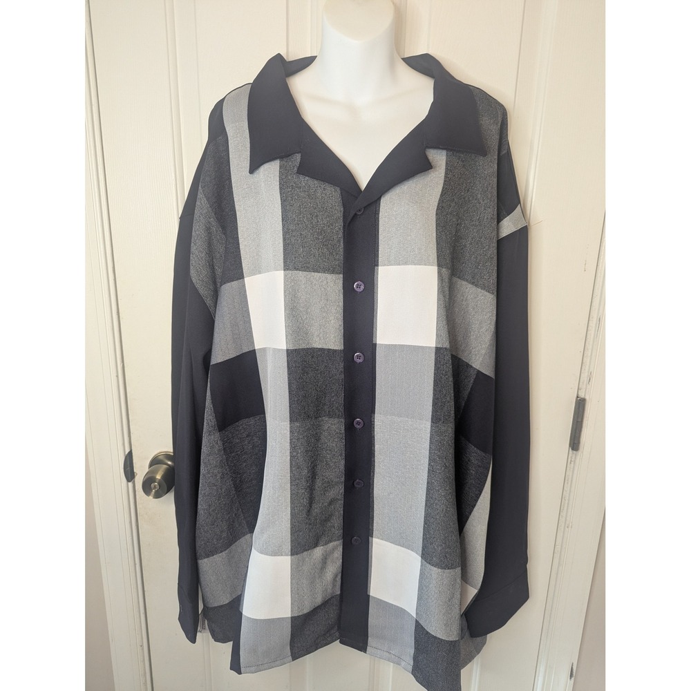 Montique Mens 5XL Plaid Button Down Walking Shirt Purple Grey Black Herringbone